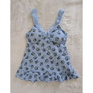 L.e.i Blue‎ Foral Babydoll Top Lace Trim Cami Sz S Ruffle Hem Fairy Feminine Y2K